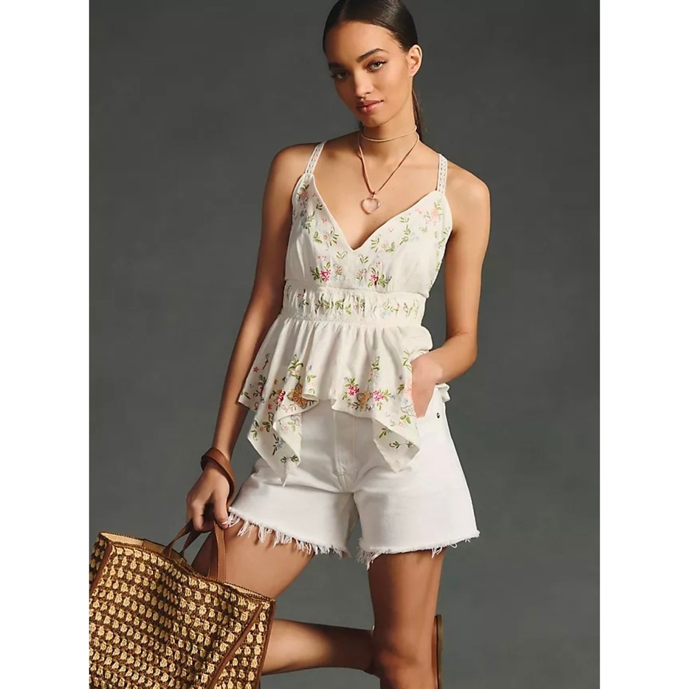 By Anthropologie Embroidered Floral Handkerchief Hem Tank Top White XS